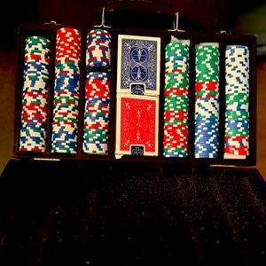 Poker chip set with cards, dice and wood case.